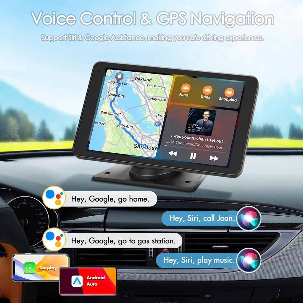 Portable Wireless Carplay Car Stereo, 7" HD Touchscreen for Car with Apple Carplay & Android Auto with Backup Camera/Mirror Link/Voice Control/Bluetooth/Gps/Aux/Fm Satellite Radio for All Vehicles