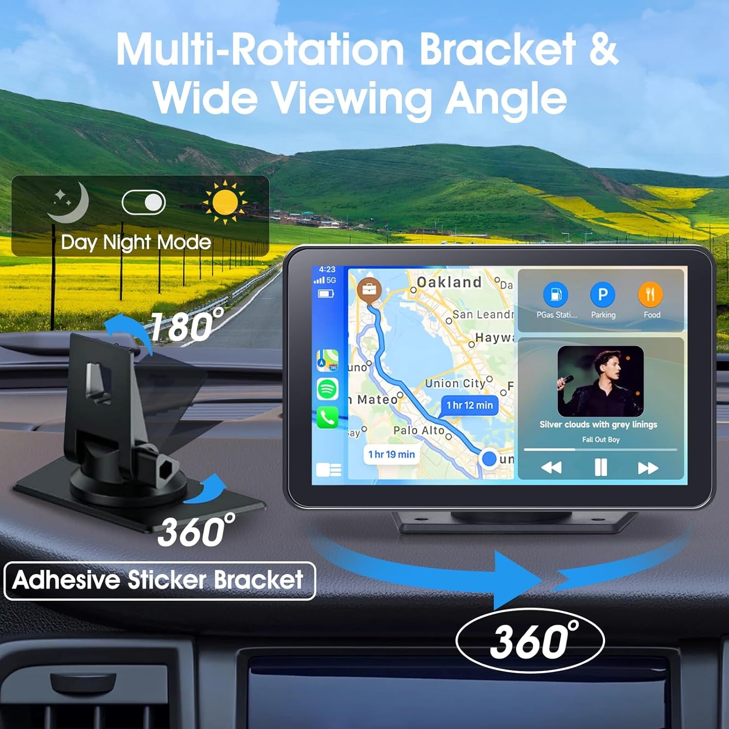 Portable Wireless Carplay Car Stereo, 7" HD Touchscreen for Car with Apple Carplay & Android Auto with Backup Camera/Mirror Link/Voice Control/Bluetooth/Gps/Aux/Fm Satellite Radio for All Vehicles